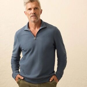 Faherty Brand Mens XXL Blue Textured Knit Quarter Zip Pullover Mock Neck Sweater